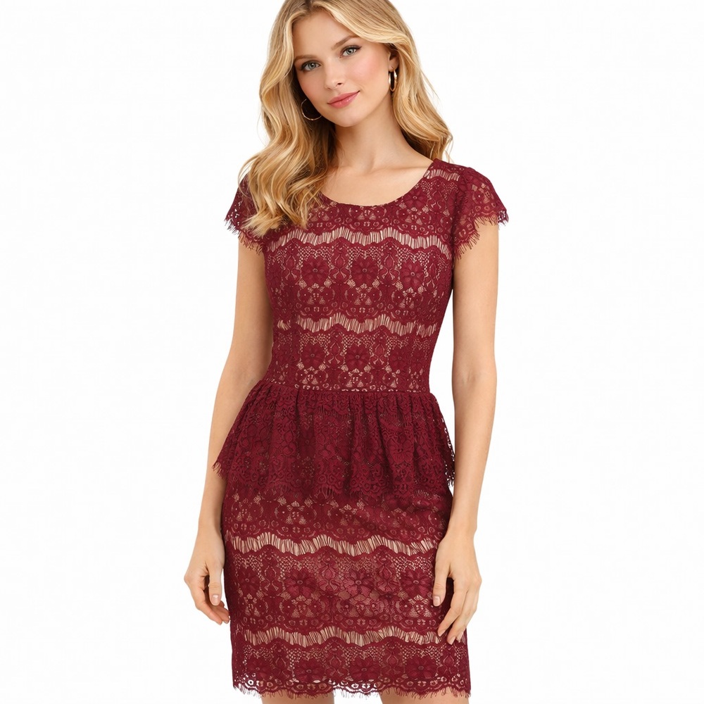 Maeve‎ Anthropologie Burgundy Lace Peplum Cocktail Dress Size M Romantic Evening